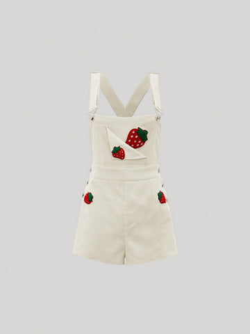 Women's Strawberry Embroidered Overalls Romper