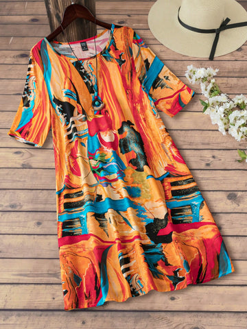 Summer Clothing Spring Knee-Length Short Sleeve Round Neck Multicolor Abstract Pattern Dress
