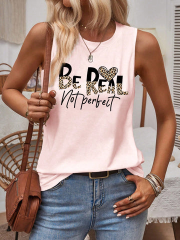 Leopard Print Letter Printed Casual Tank Top