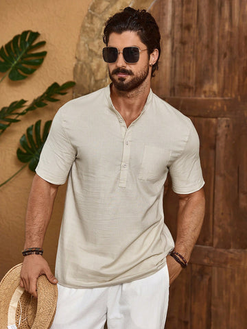 Men's Simple Solid Color Short Sleeve Stand Collar Shirt