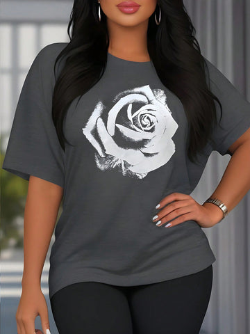 Loose-Fitting Oversized Simple Rose Print Drop Shoulder T-Shirt