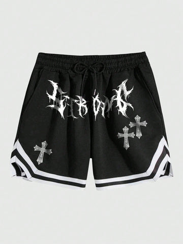 Men'S Cross & Letter Print Shorts, Suitable For Daily Wear In Spring And Summer