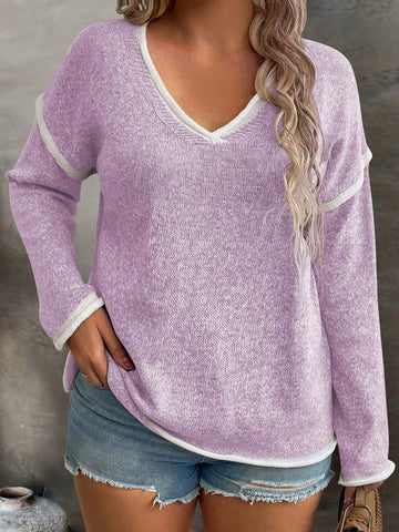 Plus Size Colorblock Trim V-Neck Pullover Sweater With Long Sleeves, Perfect For Spring