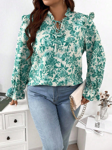 Plus Size Women's Floral Print Ruffle Sleeve Shirt With Front Tie, Spring And Summer