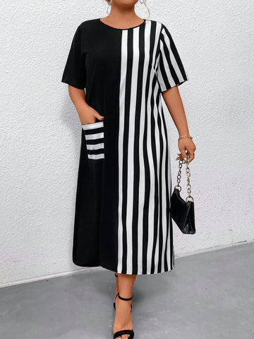 Plus Size Loose Fit Striped Patchwork Color Blocking Casual Dress