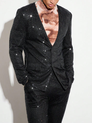 Men's Shiny Knit Casual Black Suit Two Pieces Set For Party