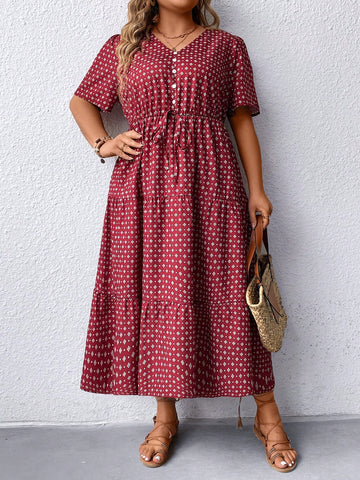 Plus Size Full Print Button Detailing Fit-And-Flare Dress