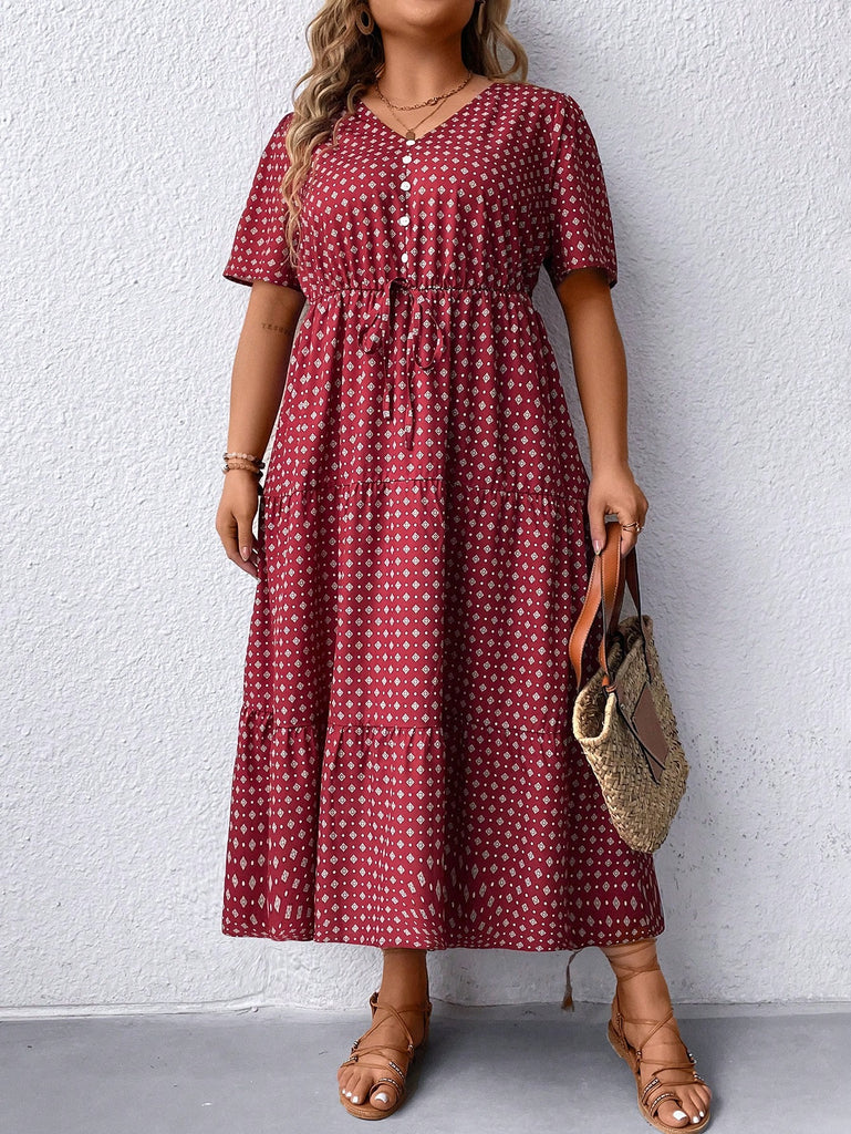 Plus Size Full Print Button Detailing Fit-And-Flare Dress – EMMACLOTH