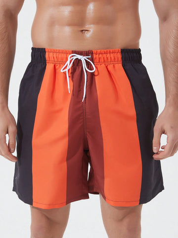 Men's Contrast Color Drawstring Beach Shorts, For Summer, Swimming