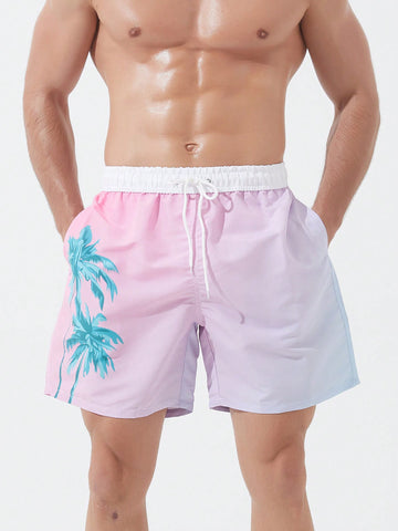 Men'S Coconut Tree Print Ombre Beach Shorts