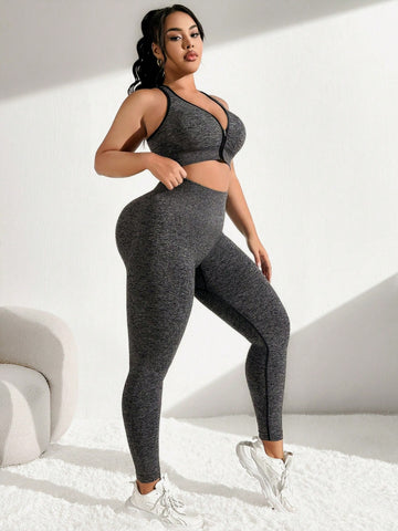 Plus Size Women's Zipper Front Sports Bra And Long Leggings Set