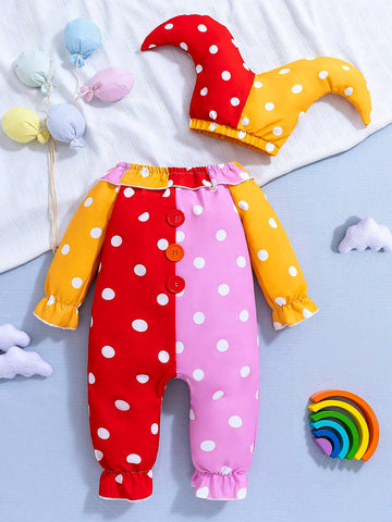 Infant Girls' Summer New Polka Dots Patterned Playsuit Clown Jumpsuits With Woven Hat, Performance, Party, Festival