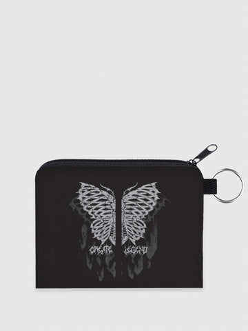 Black Polyester Butterfly Pattern Portable Zipper Coin Purse, Women's Small Wallet, Festival Gift