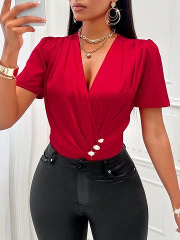 Solid Wrap Short Sleeves Detail  Satin Blouse