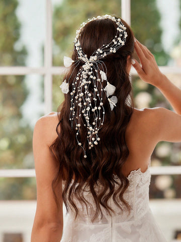 1pc Ladies' Elegant Silver Flower Headband With 3d Flowers, Tassels, Pearls & Mop Beads Detail