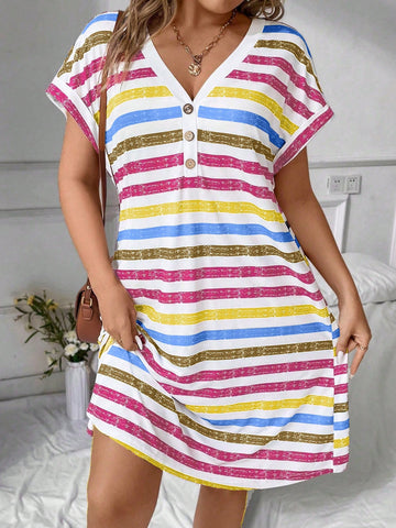 Plus Size Women's Colorful Striped Print Batwing Sleeve Dress