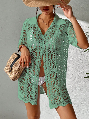 Women's Hollow Out Button Front Cover Up With Beach Style
