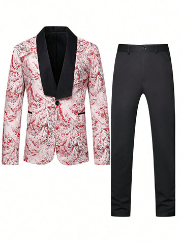 Men'S Pattern Printed Shawl Collar Long Sleeve Blazer And Pants Suit Set
