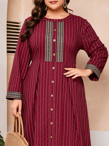 Plus Size Striped Spliced Belted Button Detail Dress