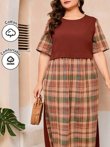 Plus Size Color Block Checked Patchwork 2 In 1 Dress