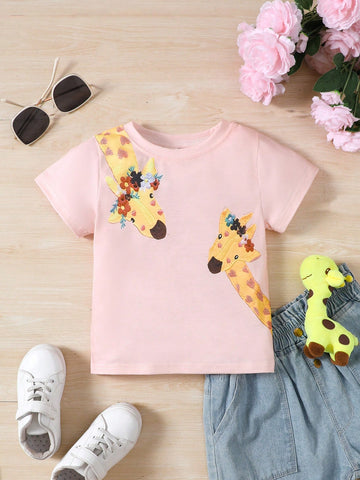 Young Girls' Lovely Cartoon Giraffe Pattern Round Neck Short Sleeve T-Shirt For Summer