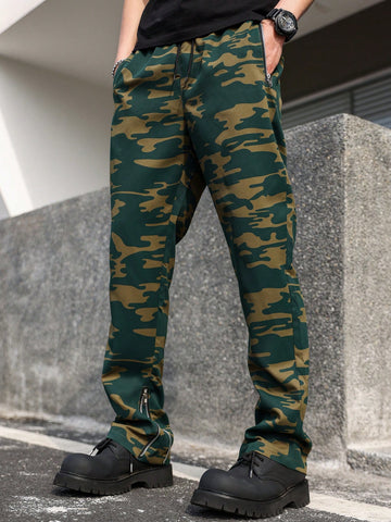 Men's Camouflage Printed Zipper Pocket Straight Leg Pants