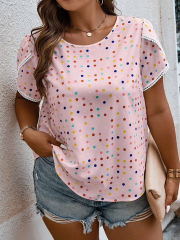Plus Size Polka Dot Printed Round Neck Blouse With Petal Sleeves