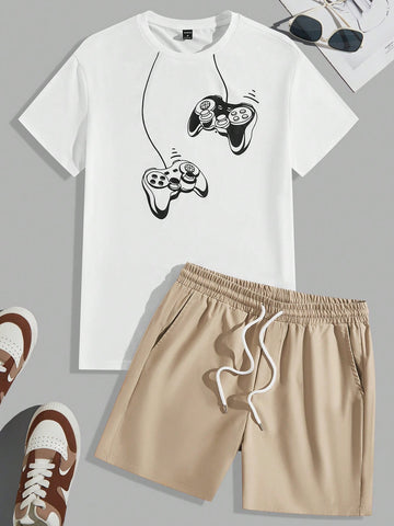 Men's Gamepad Print Round Neck Short Sleeve T-Shirt And Shorts Homewear Set