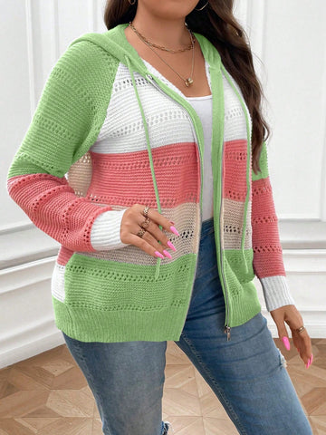 Women's Plus Size Hooded Zip-Up Cardigan With Color Block Design