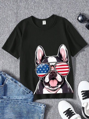 Tween Boy Retrospective Cartoon Dog Printed Round Neck Short Sleeve T-Shirt, Suitable For Summer