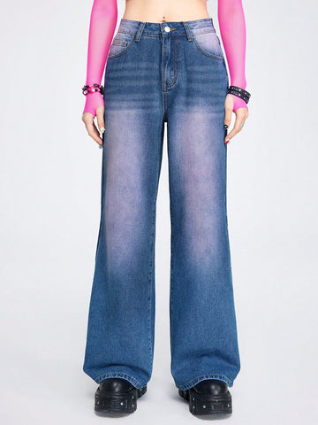 Street Campus Style Wide Leg High Waisted Denim Pants For Women