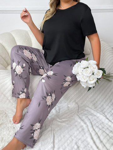 Women's Plus Size Solid Round Neck Short Sleeve Top And Flower Printed Pants Pajama Set