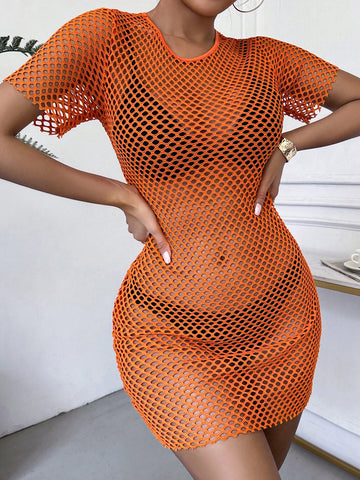 Mesh Orange Short Sleeve Dress