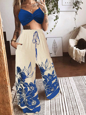 Women's Solid Color Twisted Strap Camisole Top And Floral Printed Elastic Waist Long Pants 2pcs/Set, Irregular Hem, Suitable For Summer