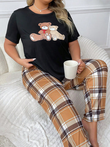 Plus Size Bear Pattern Printed Short Sleeve Long Pants Pajama Set