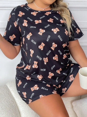 Plus Size Bear & Letter Printed Short Sleeve T-Shirt And Shorts Pajamas Set, Suitable For Summer