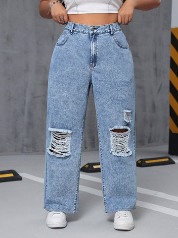 Plus Size Y2k Ripped Denim Jeans, Suitable For Spring And Summer
