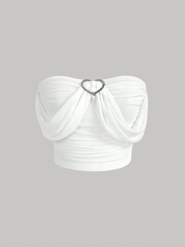 Summer Night Date Elegant Solid Color Bustier Top With Heart Shaped Button And Pleats For Women