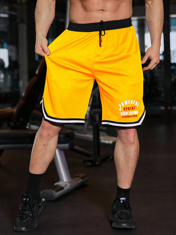 Men's Printed Drawstring Athletic Shorts, Casual And Simple, Yellow Shorts