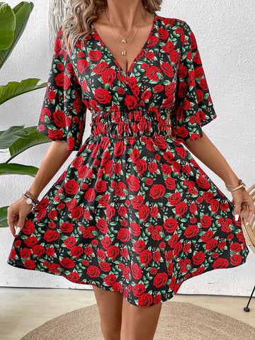 Women's Fashionable V-Neck Printed Waist-Tie Wrap Dress For Spring/Summer