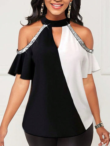 Women's Color Block Glitter Sequin Patchwork Halterneck Sleeve Blouse With Neck Strap