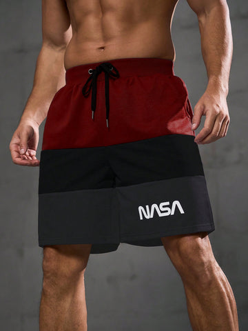 Men's Simple Sport Shorts With Color Block And Printed Design