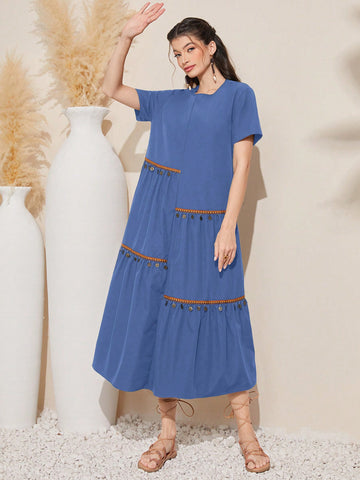 Women's Patchwork Round Neck Short Sleeve Dress, Suitable For Summer