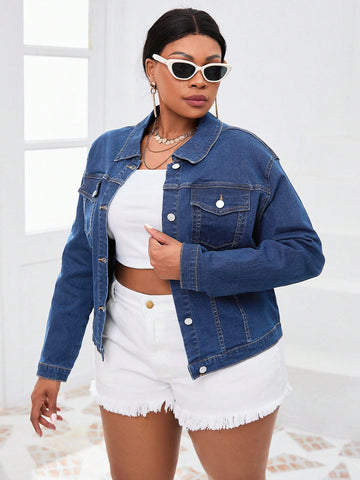 Plus Size Denim Jacket With Pocket Design, Perfect For Daily Wear