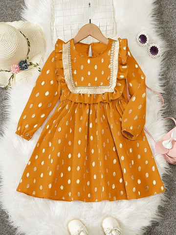Little Girls' Elegant Polka Dot Ruffle Hem Long Sleeve Party Dress For Autumn And Winter