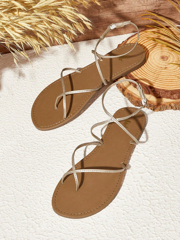 Women's Rhinestone Decor Solid Color Flat Sandals