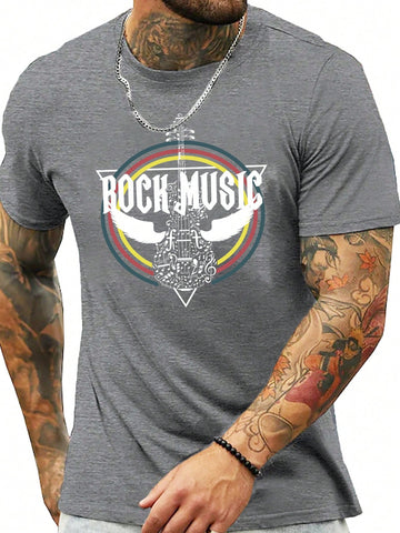 Men's Wing & Guitar & Letter Printed T-Shirt