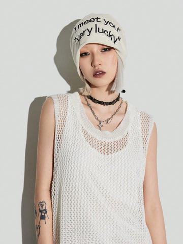 Casual Spring/Summer Hollow-Out Knit Sleeveless Top In Solid Color