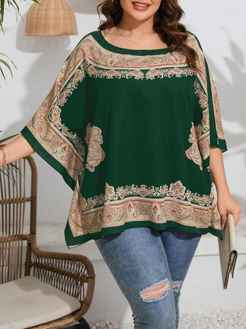 Plus Size Color-Block Batwing Sleeve Shirt, Suitable For Summer