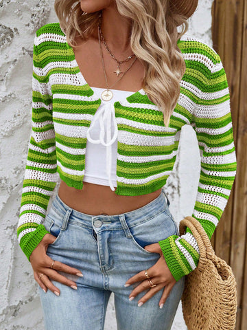 Short Casual Striped Open-Front Cardigan